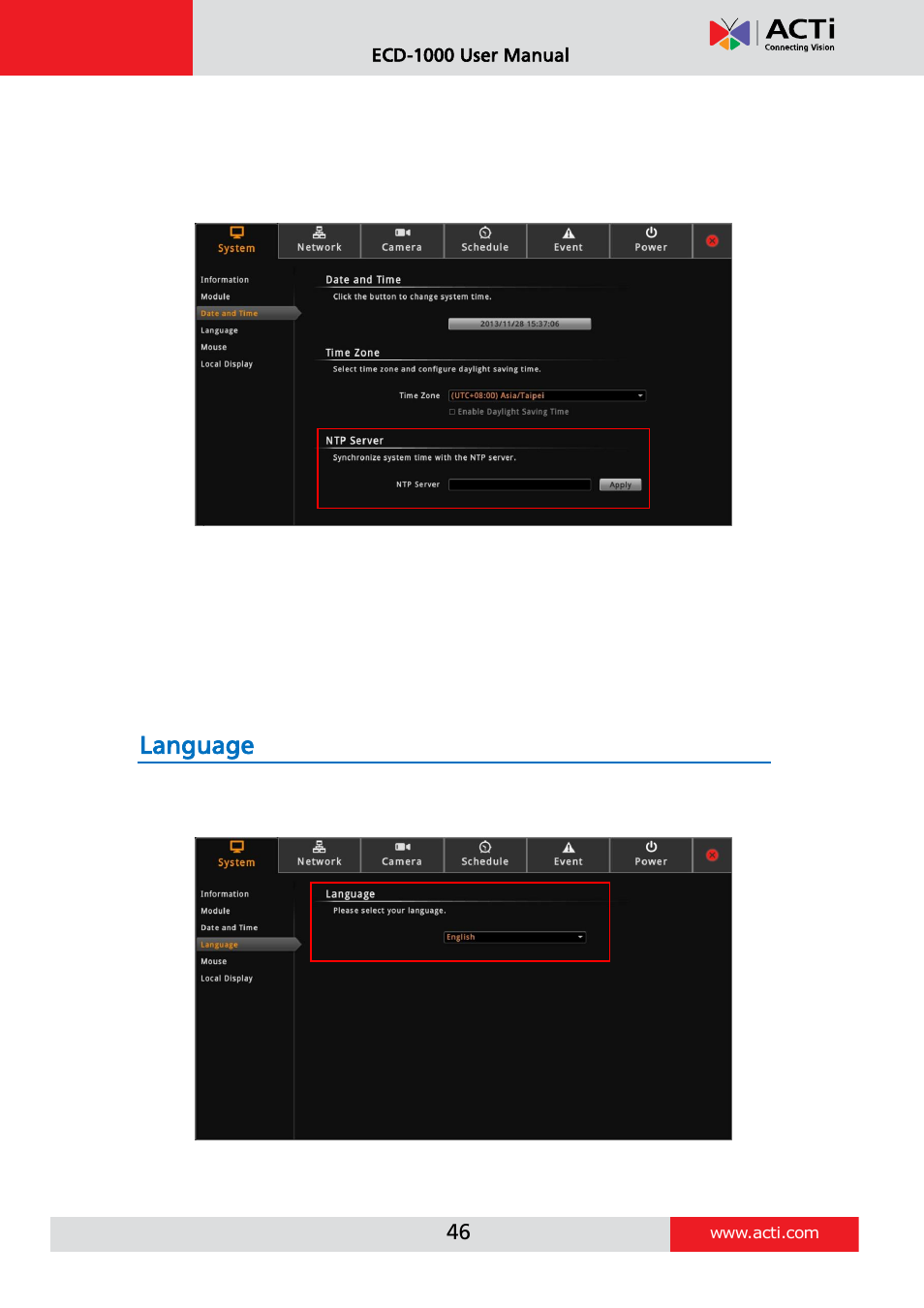 Sync date and time with ntp server, Language | ACTi ECD-1000 User Manual | Page 46 / 135