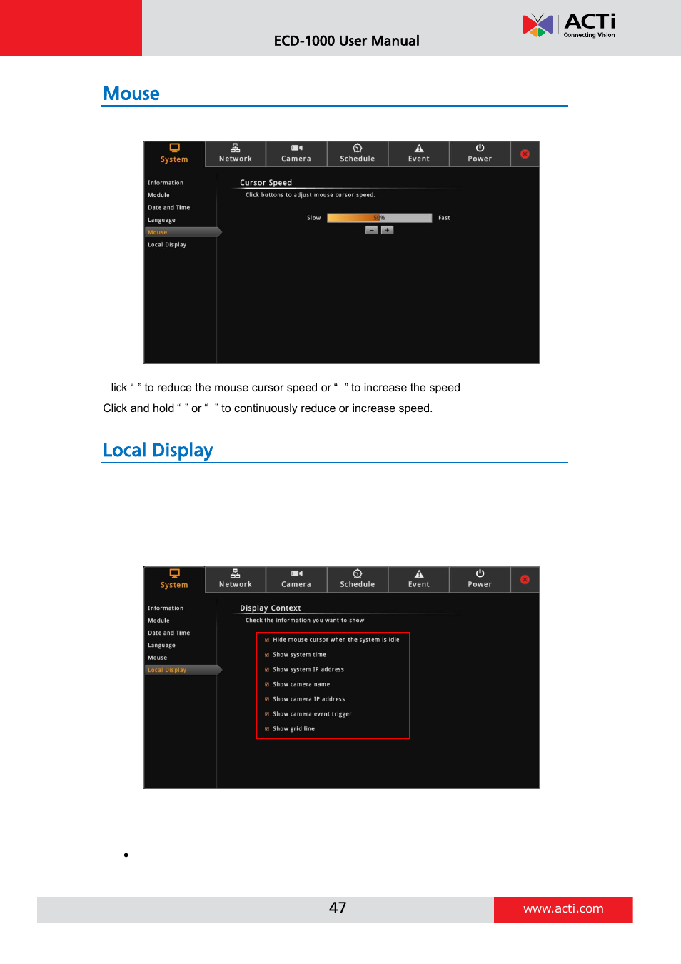 Mouse, Local display | ACTi ECD-1000 User Manual | Page 47 / 135