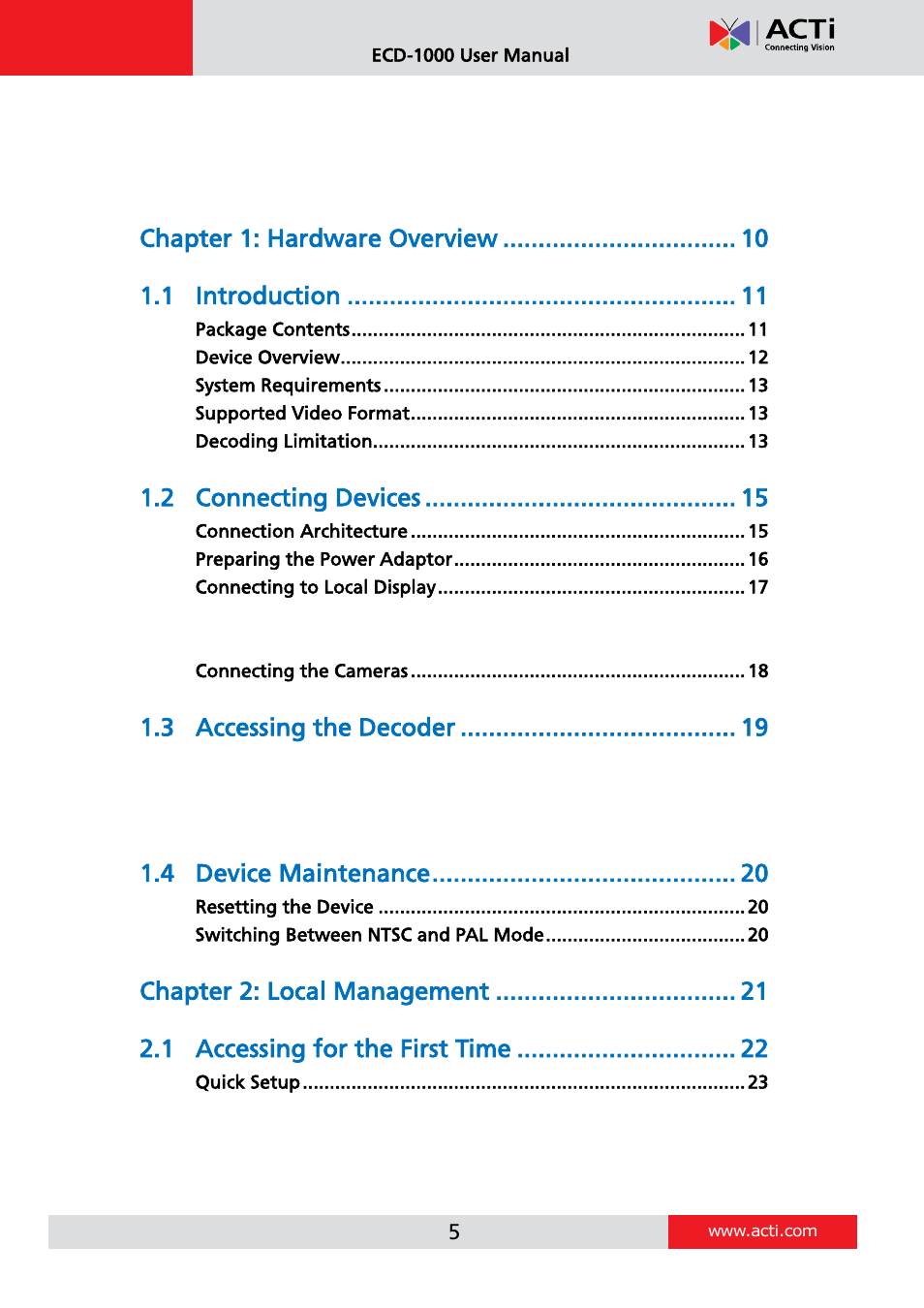 ACTi ECD-1000 User Manual | Page 5 / 135