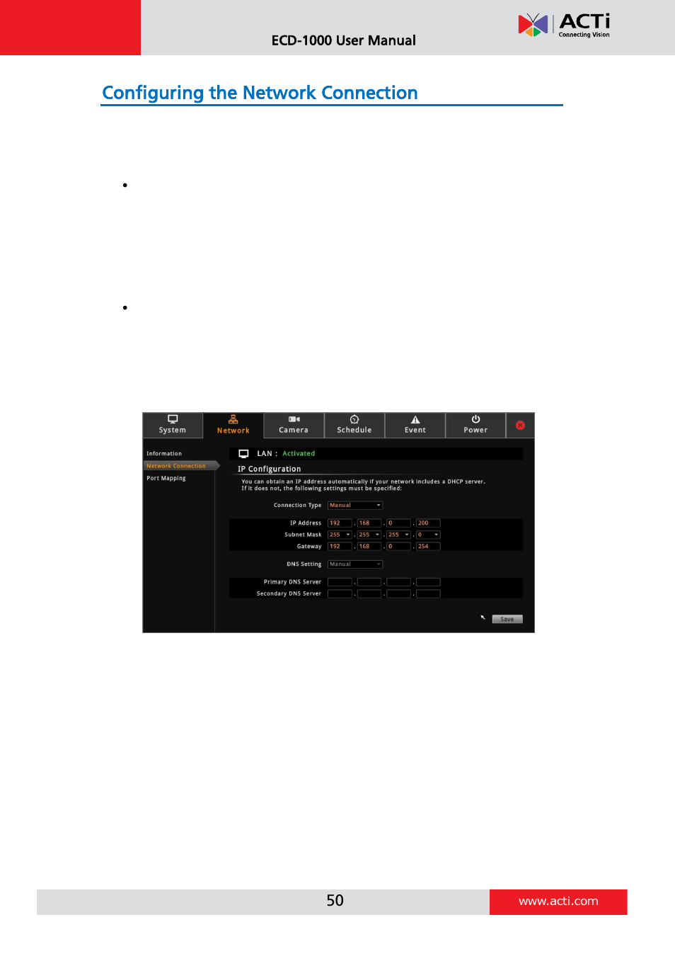 Configuring the network connection, Setting the ip address manually | ACTi ECD-1000 User Manual | Page 50 / 135