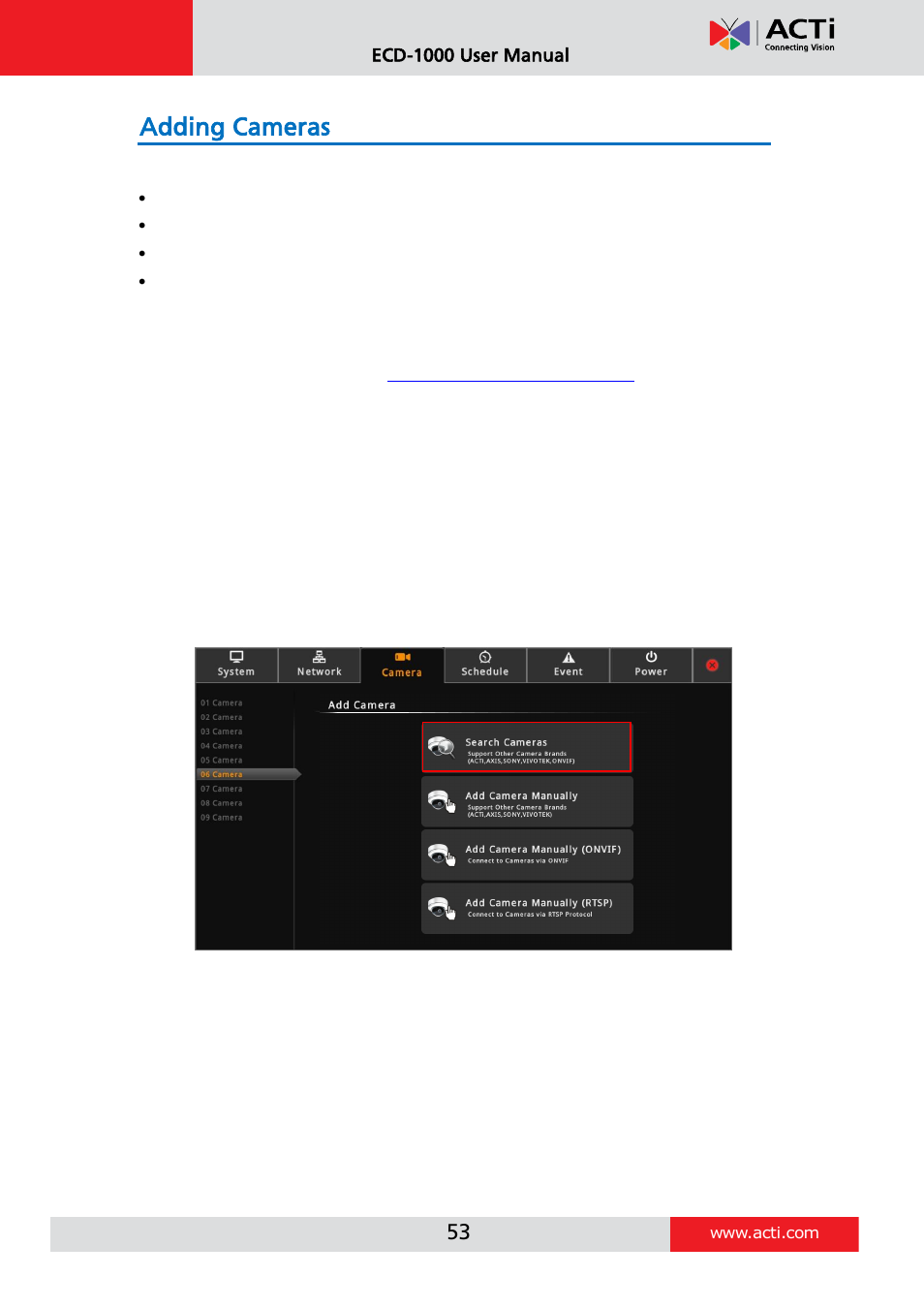 Adding cameras, Searching cameras to add, E 53 | ACTi ECD-1000 User Manual | Page 53 / 135