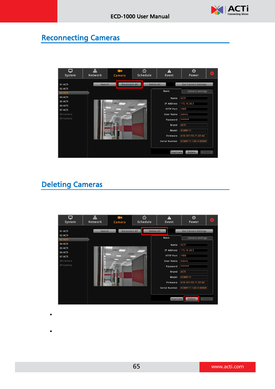 Reconnecting cameras, Deleting cameras | ACTi ECD-1000 User Manual | Page 65 / 135