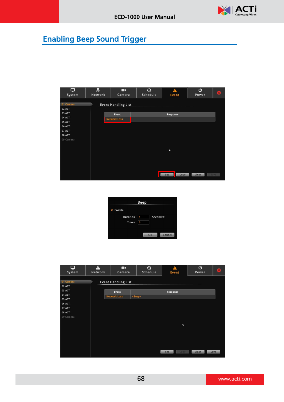 Enabling beep sound trigger | ACTi ECD-1000 User Manual | Page 68 / 135
