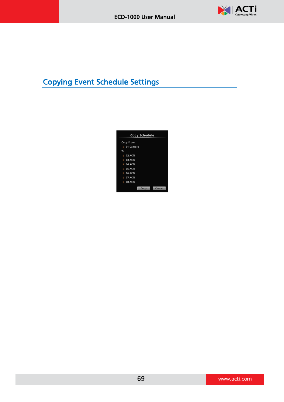 Copying event schedule settings, E 69 | ACTi ECD-1000 User Manual | Page 69 / 135