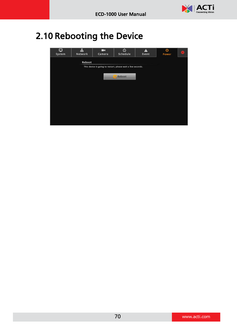 Rebooting the device, 10 rebooting the device | ACTi ECD-1000 User Manual | Page 70 / 135