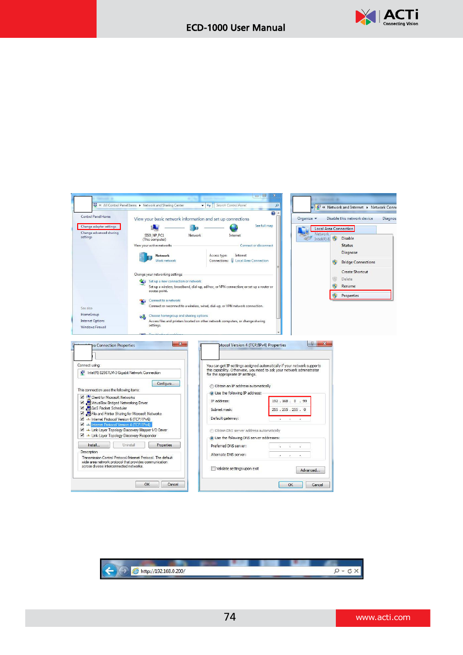 Accessing from a network without dhcp server | ACTi ECD-1000 User Manual | Page 74 / 135