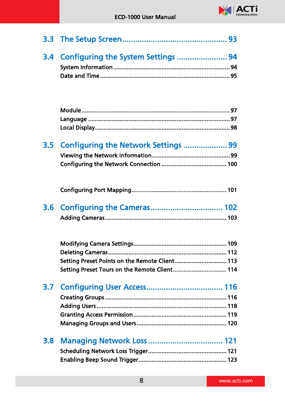 The setup screen, Configuring the system settings, Configuring the network settings | Configuring the cameras, Configuring user access, Managing network loss | ACTi ECD-1000 User Manual | Page 8 / 135