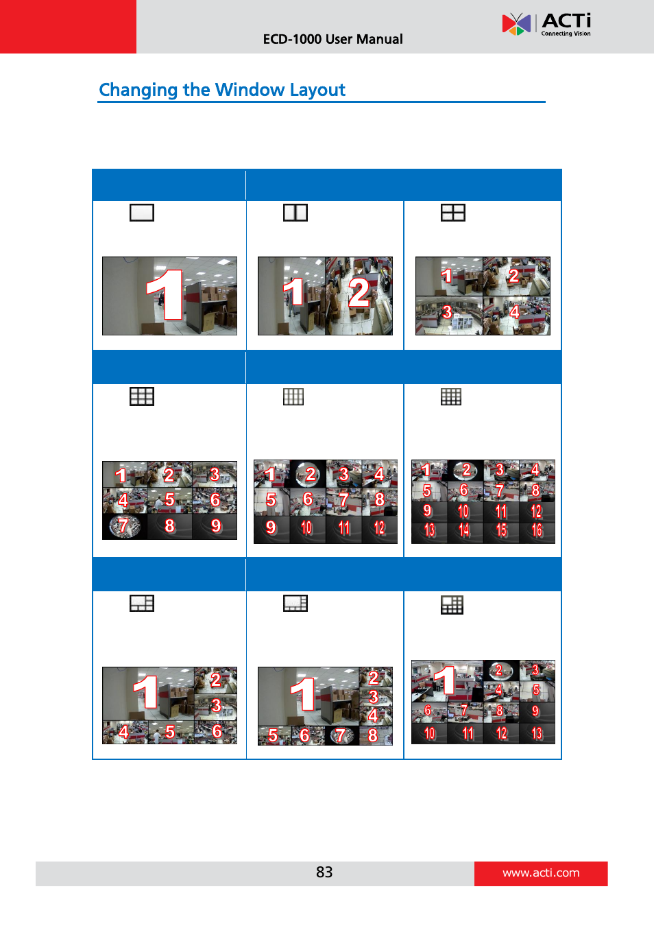 Changing the window layout, E 83, Ecd-1000 user manual | ACTi ECD-1000 User Manual | Page 83 / 135