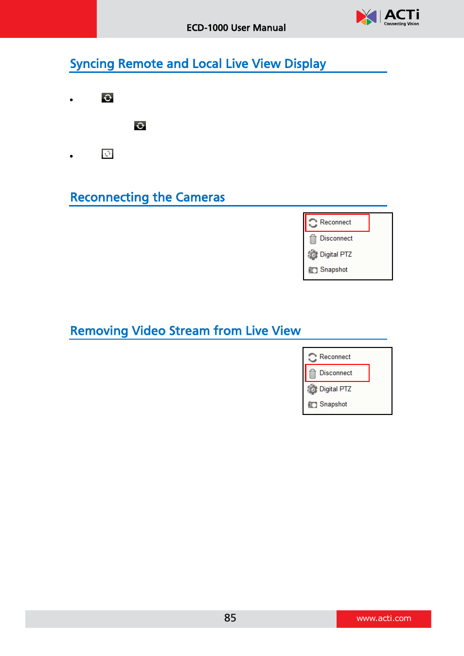 Syncing remote and local live view display, Reconnecting the cameras, Removing video stream from live view | ACTi ECD-1000 User Manual | Page 85 / 135