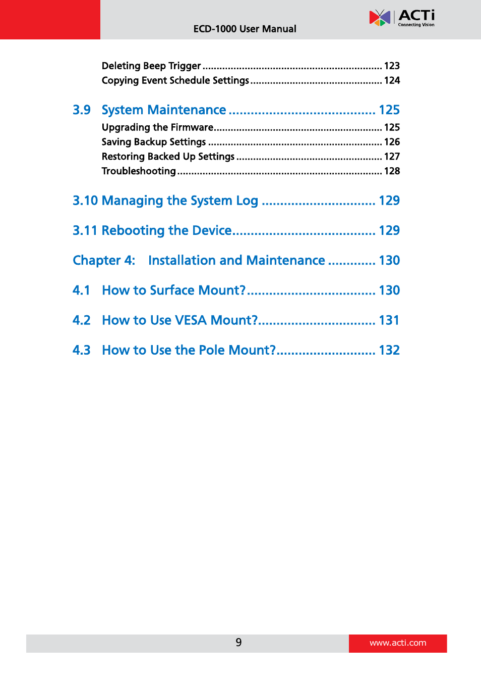 System maintenance, 10 managing the system log, 11 rebooting the device | Chapter 4: installation and maintenance, How to surface mount, How to use vesa mount, How to use the pole mount | ACTi ECD-1000 User Manual | Page 9 / 135