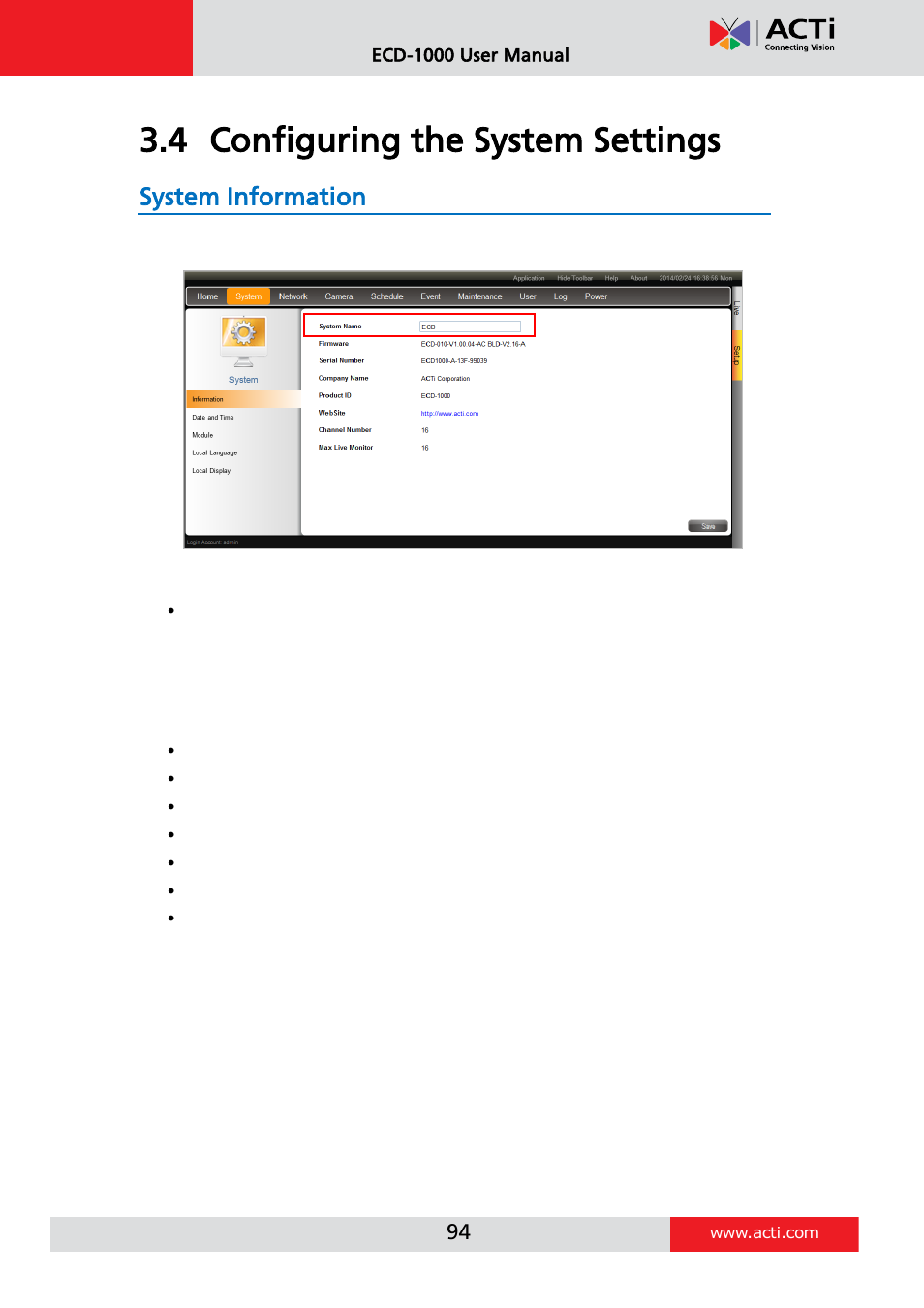Configuring the system settings, System information, 4 configuring the system settings | ACTi ECD-1000 User Manual | Page 94 / 135
