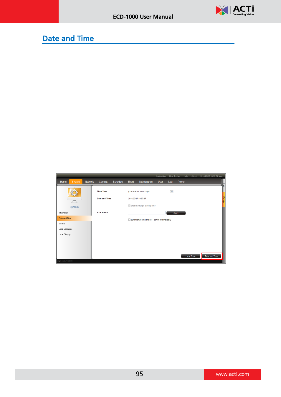 Date and time, Automatically set the date and time, Manually change the date and time | ACTi ECD-1000 User Manual | Page 95 / 135