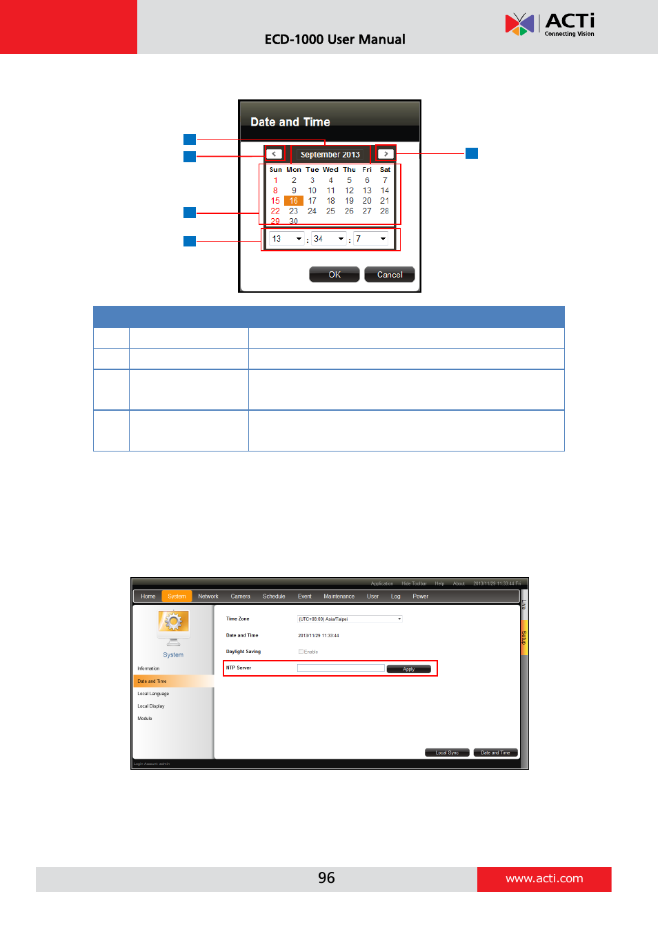 Sync date and time with ntp server, Ecd-1000 user manual | ACTi ECD-1000 User Manual | Page 96 / 135