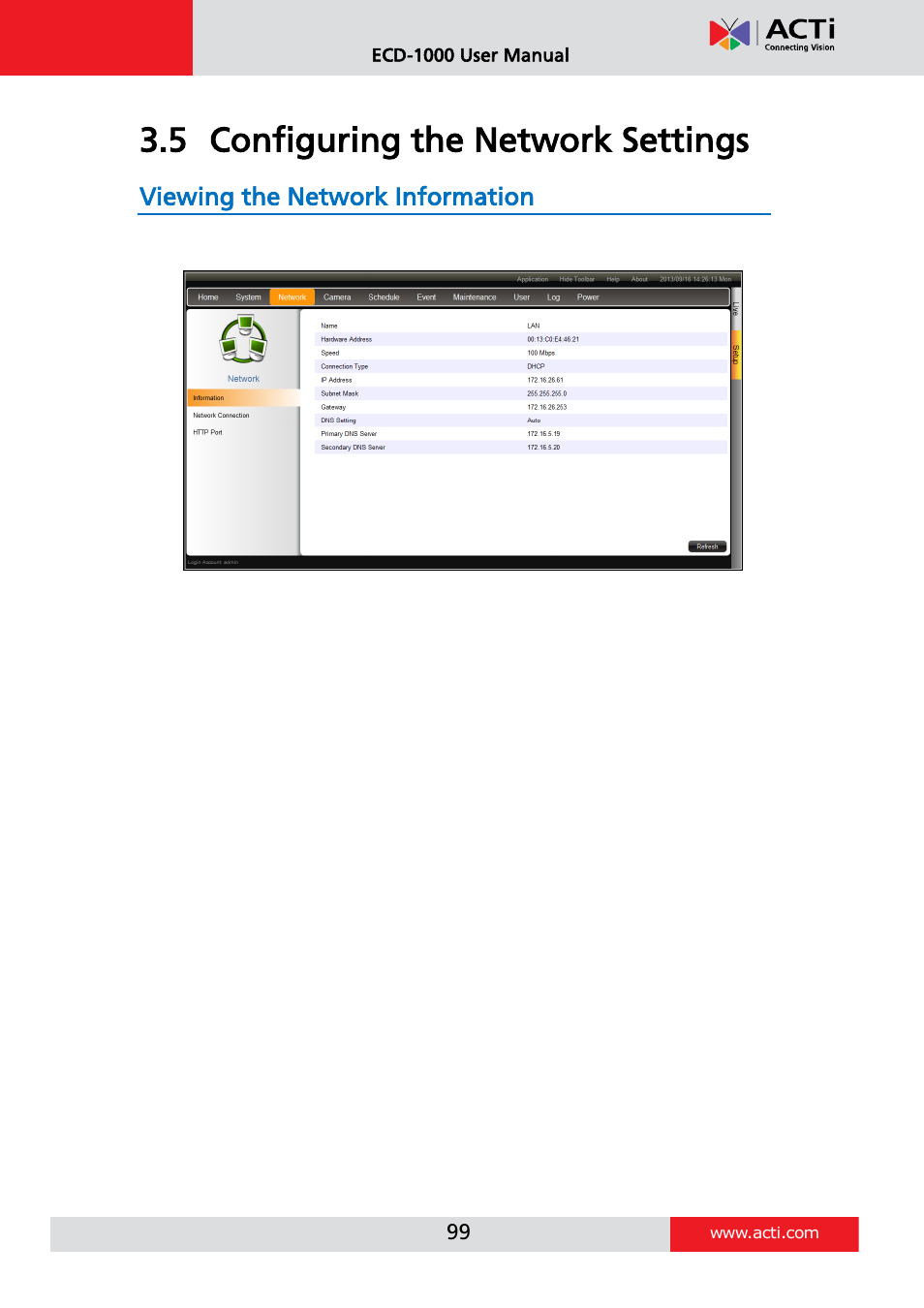 Configuring the network settings, Viewing the network information, 5 configuring the network settings | ACTi ECD-1000 User Manual | Page 99 / 135