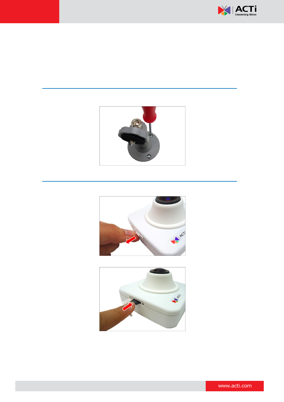 Installation procedures, Step 1: mount the bracket, Step 2: insert the memory card (optional) | ACTi E12A User Manual | Page 10 / 22