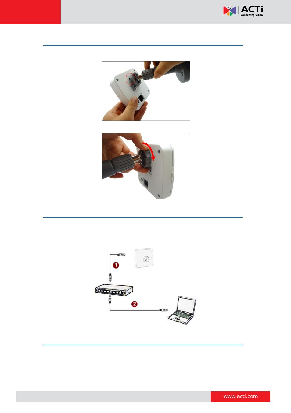 Step 3: install the camera, Step 4: connect to network, Step 5: access the camera live view | ACTi E12A User Manual | Page 11 / 22