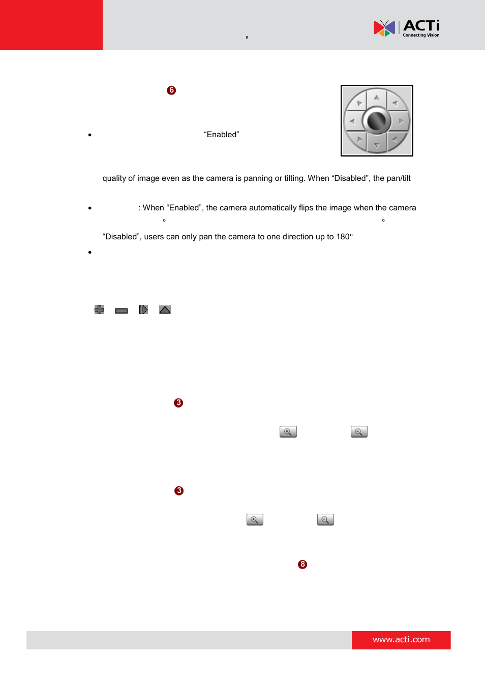 How to use pan/tilt (for ptz models only), How to zoom the camera in or out | ACTi Camera Firmware V.5.12.12 User Manual | Page 15 / 101