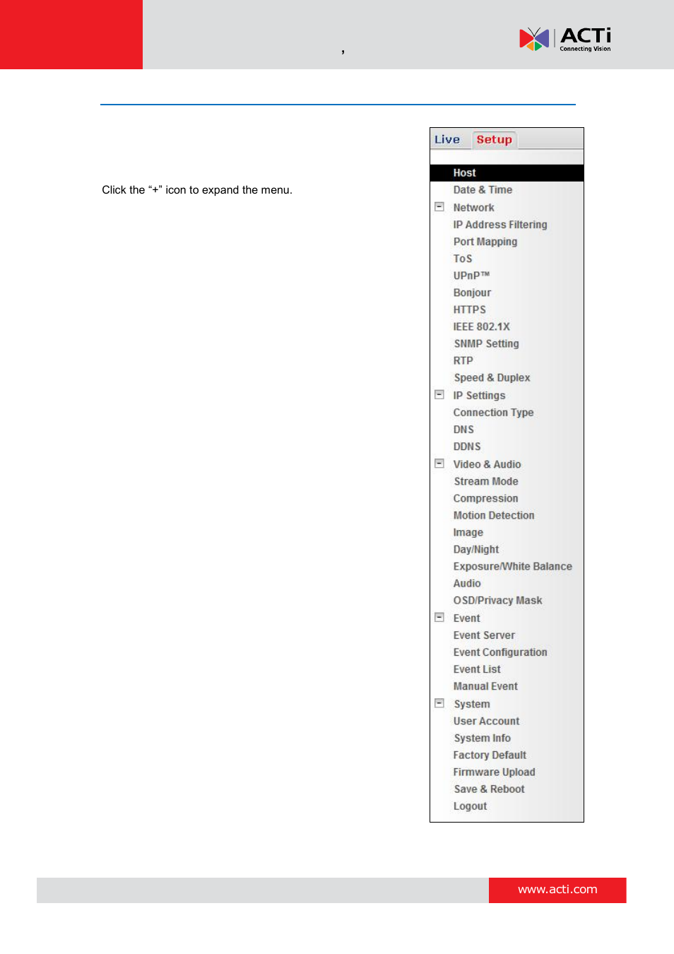 Setup menu | ACTi Camera Firmware V.5.12.12 User Manual | Page 19 / 101