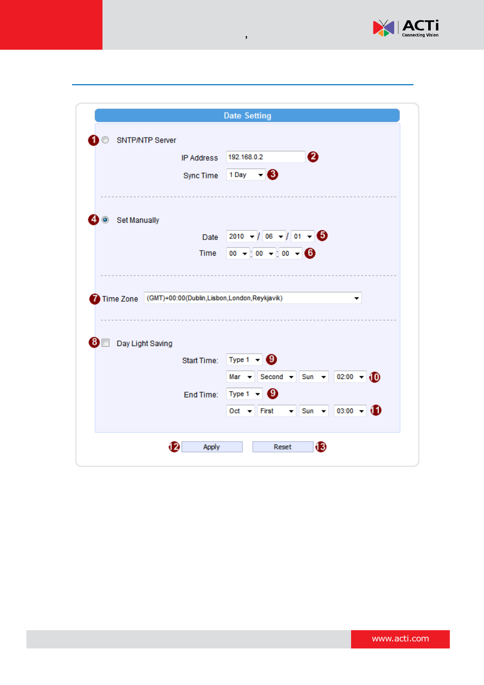 Date & time | ACTi Camera Firmware V.5.12.12 User Manual | Page 21 / 101