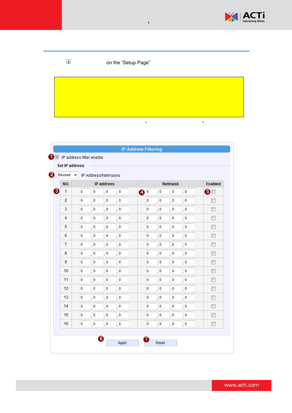 Network section, Ip address filtering | ACTi Camera Firmware V.5.12.12 User Manual | Page 23 / 101