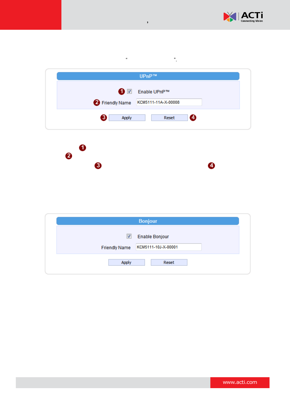 Upnp, Bonjour | ACTi Camera Firmware V.5.12.12 User Manual | Page 28 / 101