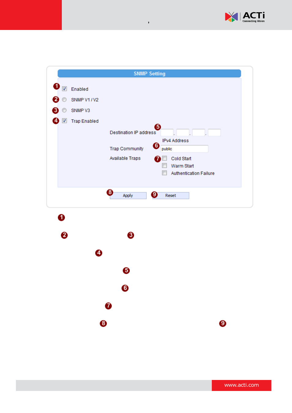 Snmp setting | ACTi Camera Firmware V.5.12.12 User Manual | Page 30 / 101