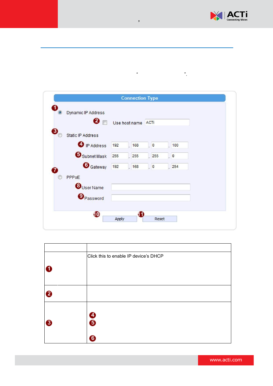 Ip settings, Connection type | ACTi Camera Firmware V.5.12.12 User Manual | Page 33 / 101