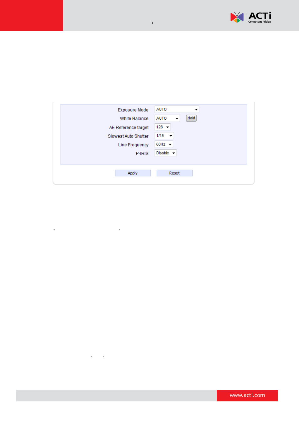 Exposure / white balance, E 56 | ACTi Camera Firmware V.5.12.12 User Manual | Page 56 / 101