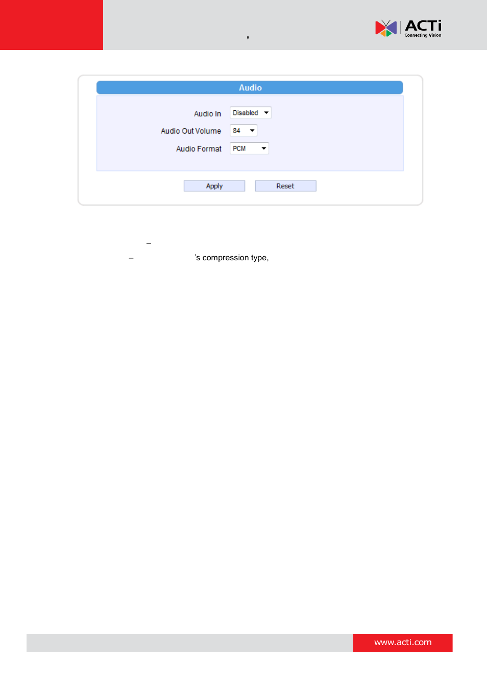 Audio | ACTi Camera Firmware V.5.12.12 User Manual | Page 59 / 101