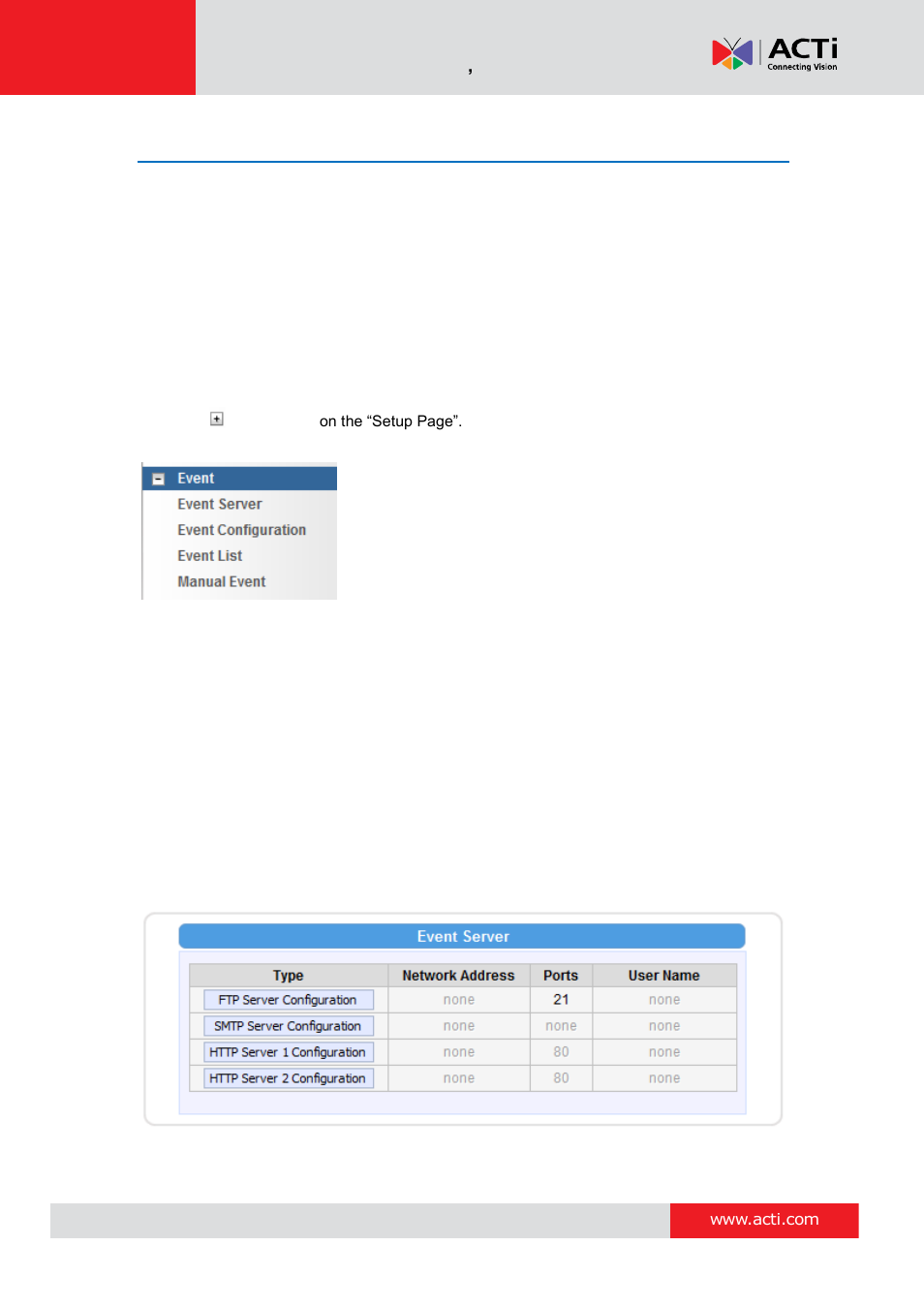 Event, Event server | ACTi Camera Firmware V.5.12.12 User Manual | Page 62 / 101