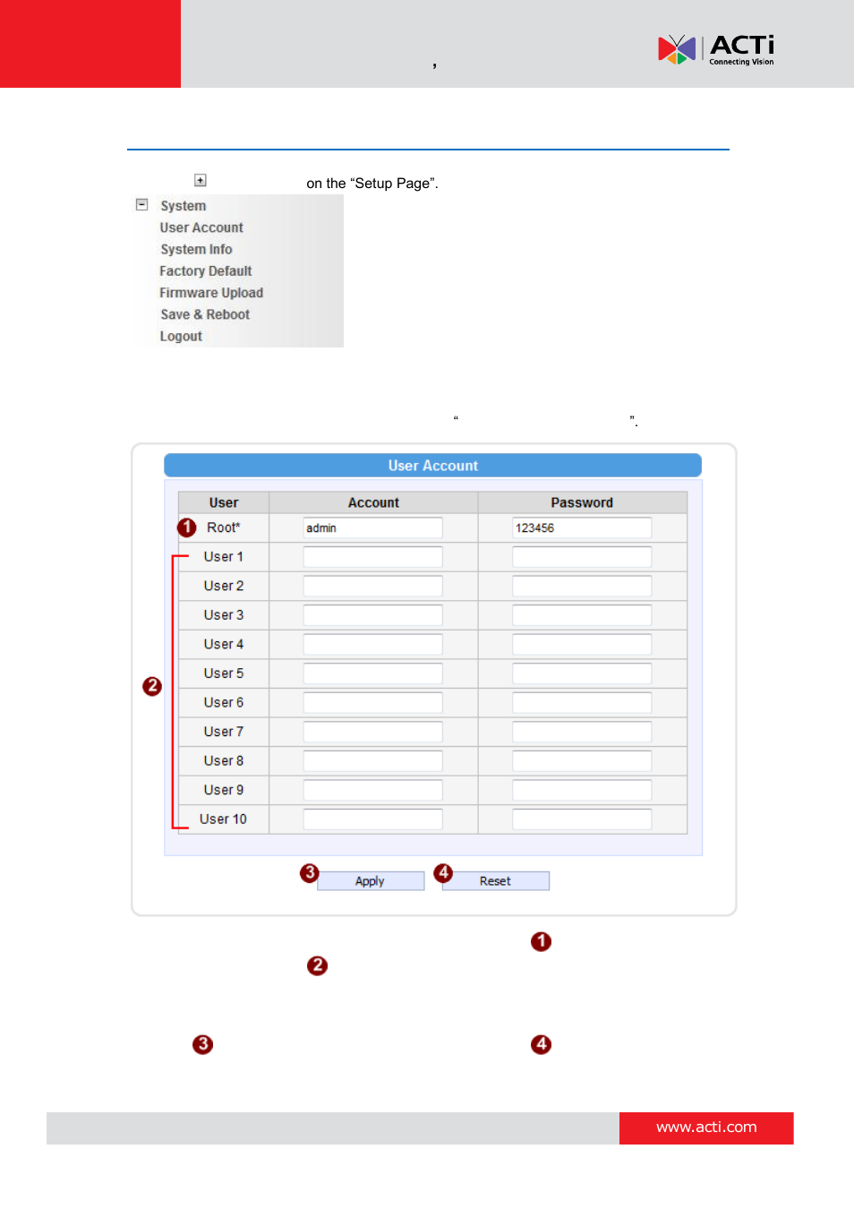System, User account | ACTi Camera Firmware V.5.12.12 User Manual | Page 97 / 101