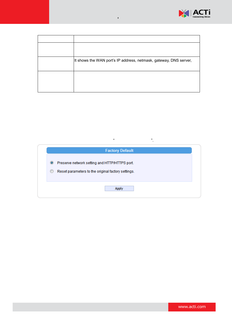 Factory default | ACTi Camera Firmware V.5.12.12 User Manual | Page 99 / 101