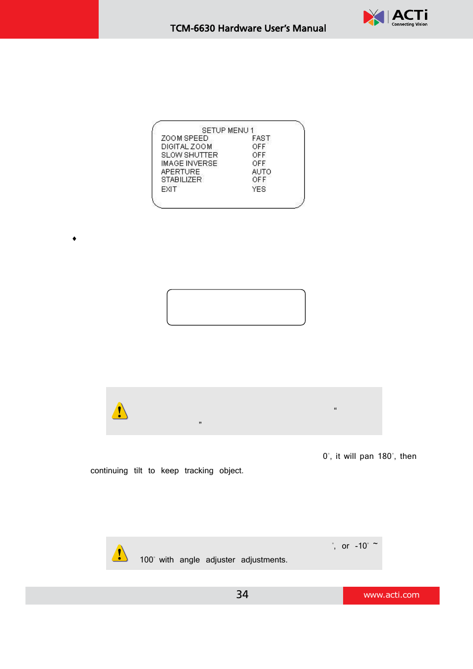 Setup menu, Tcm-6630 hardware user’s manual | ACTi TCM-6630 User Manual | Page 34 / 55