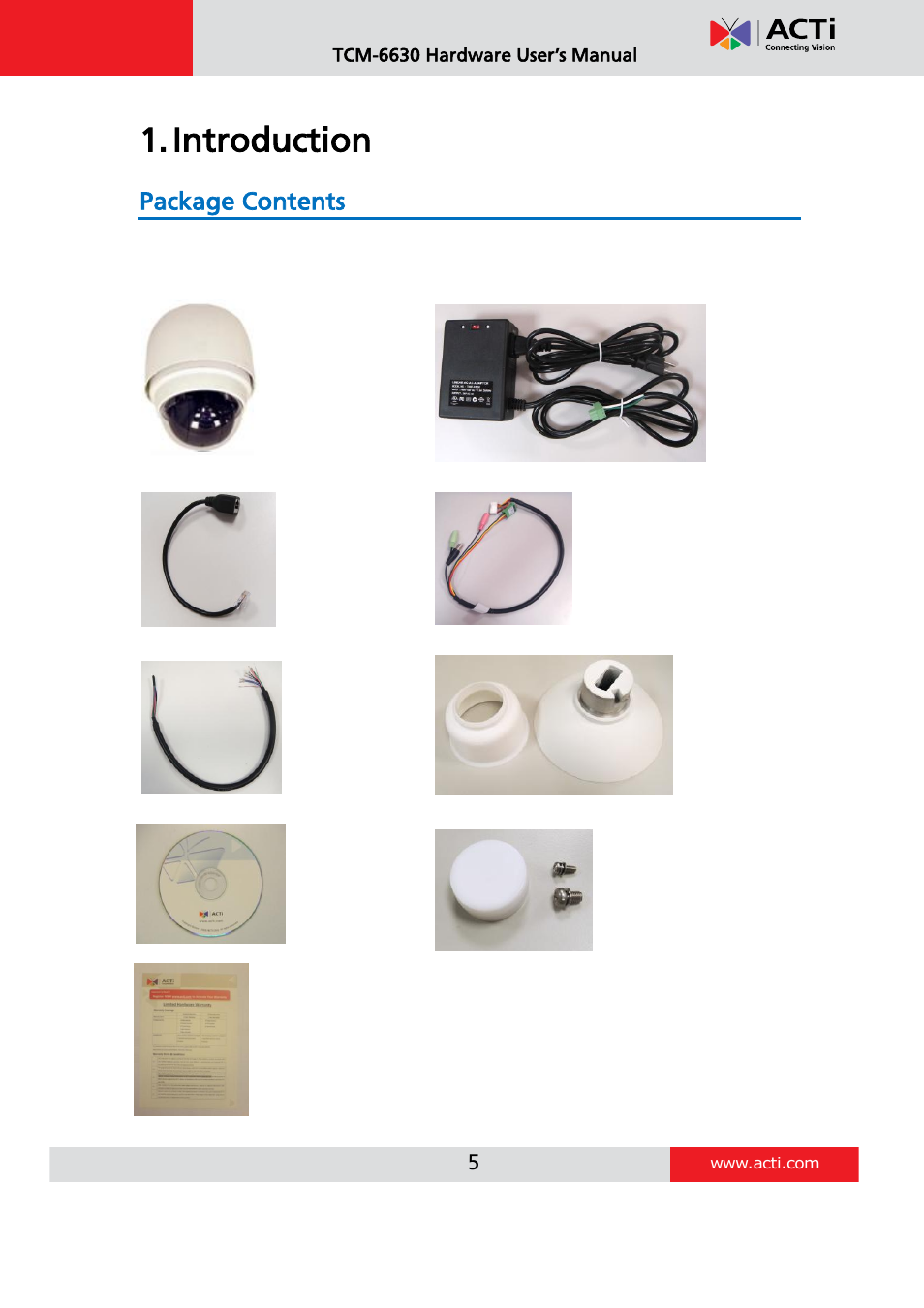 Introduction, Package contents | ACTi TCM-6630 User Manual | Page 5 / 55