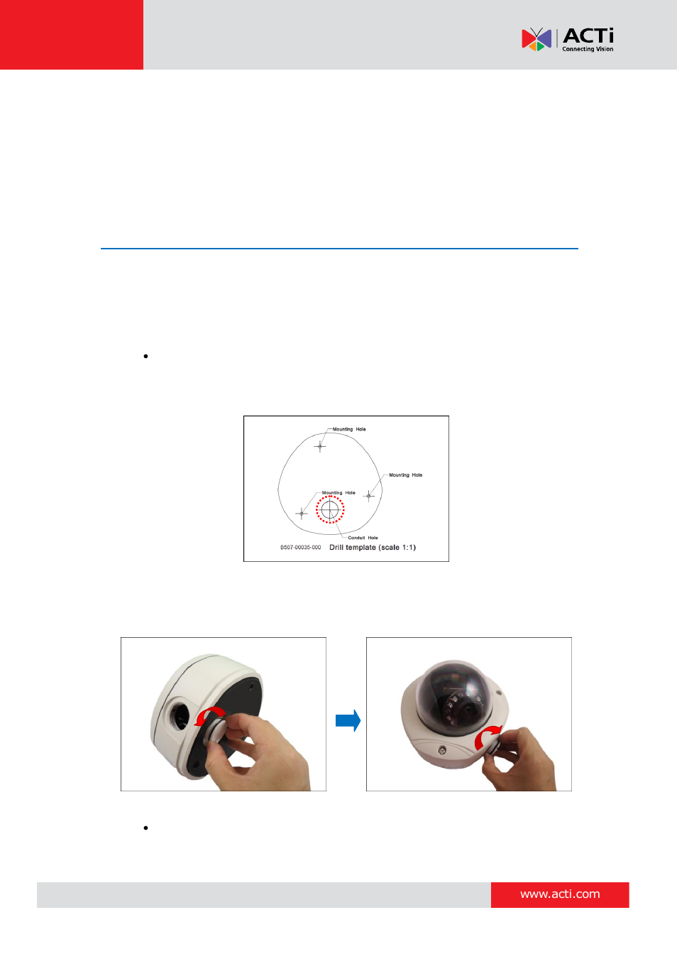 Installing the camera on a surface, Step 1: drill the holes | ACTi KCM-7111 User Manual | Page 11 / 38