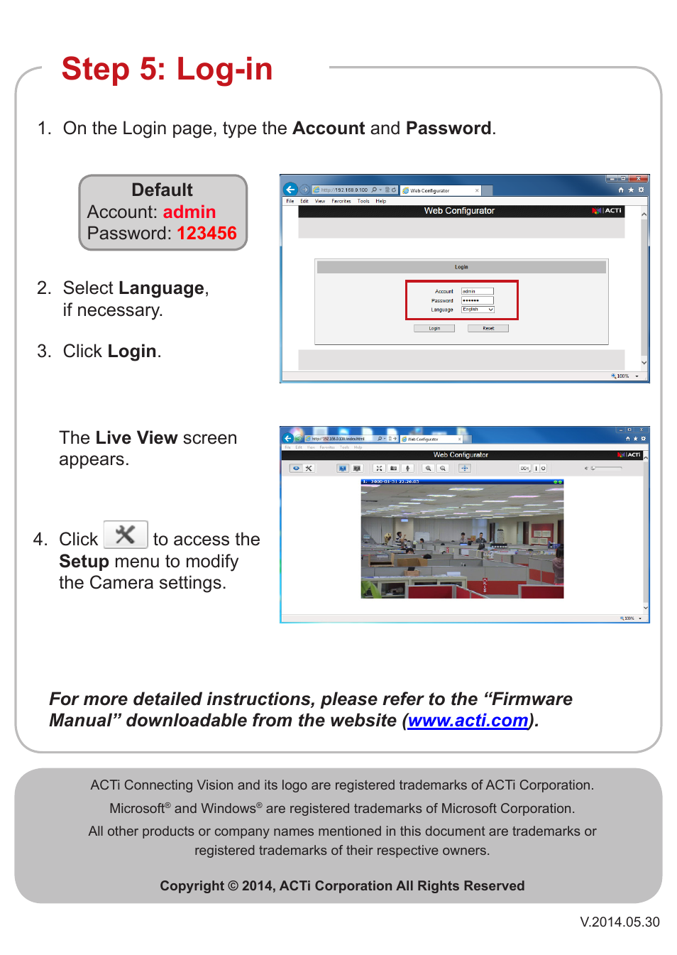 Step 5: log-in | ACTi Camera User Manual | Page 4 / 4