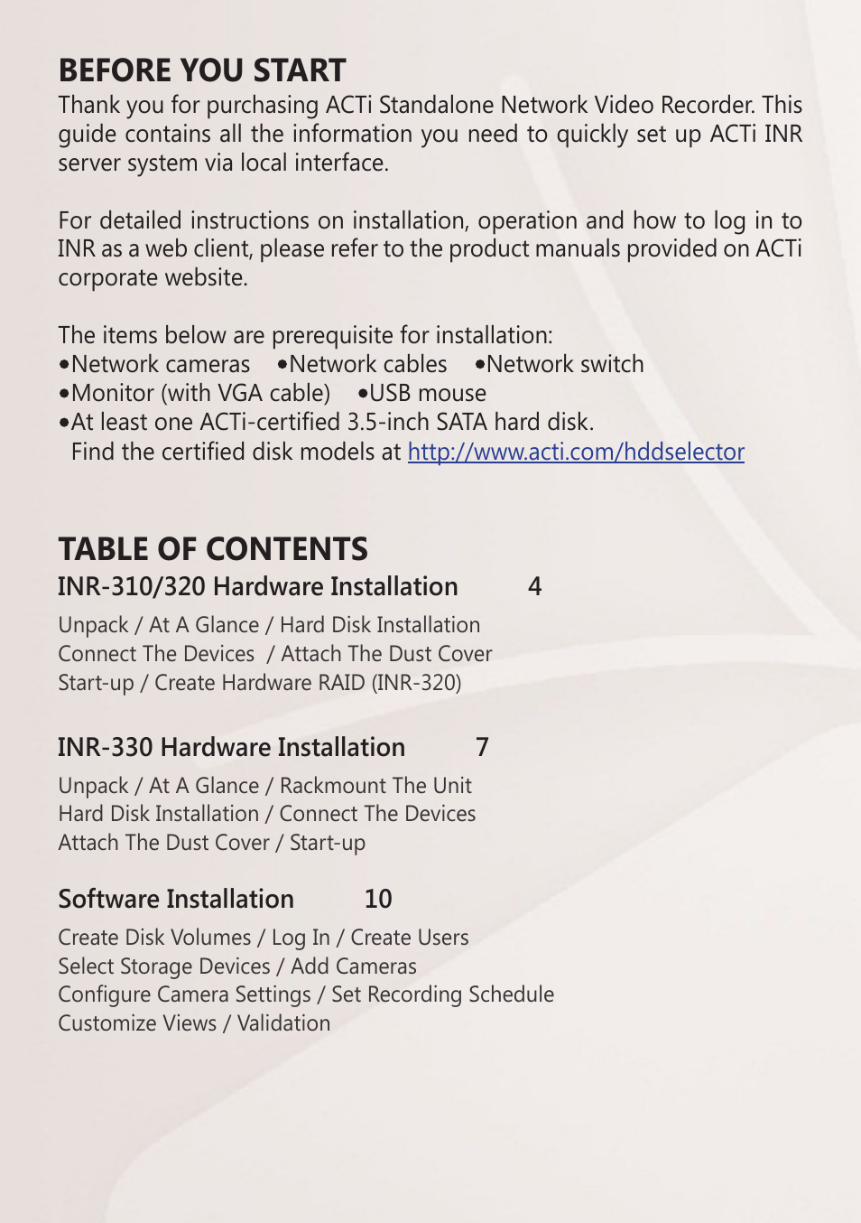 Before you start table of contents | ACTi INR-310 User Manual | Page 3 / 16
