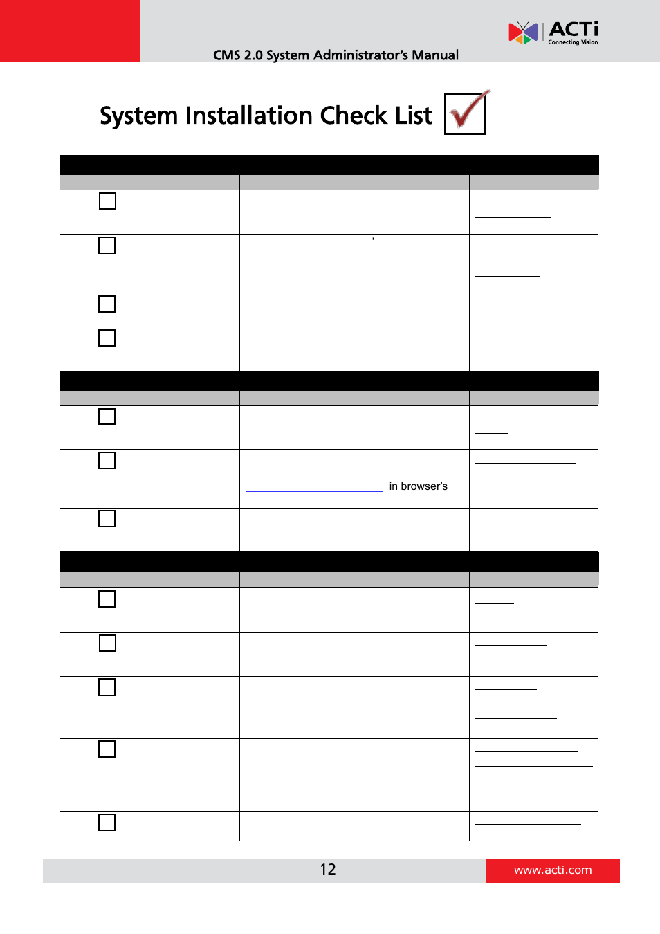 System installation check list | ACTi CMS 2 User Manual | Page 12 / 85