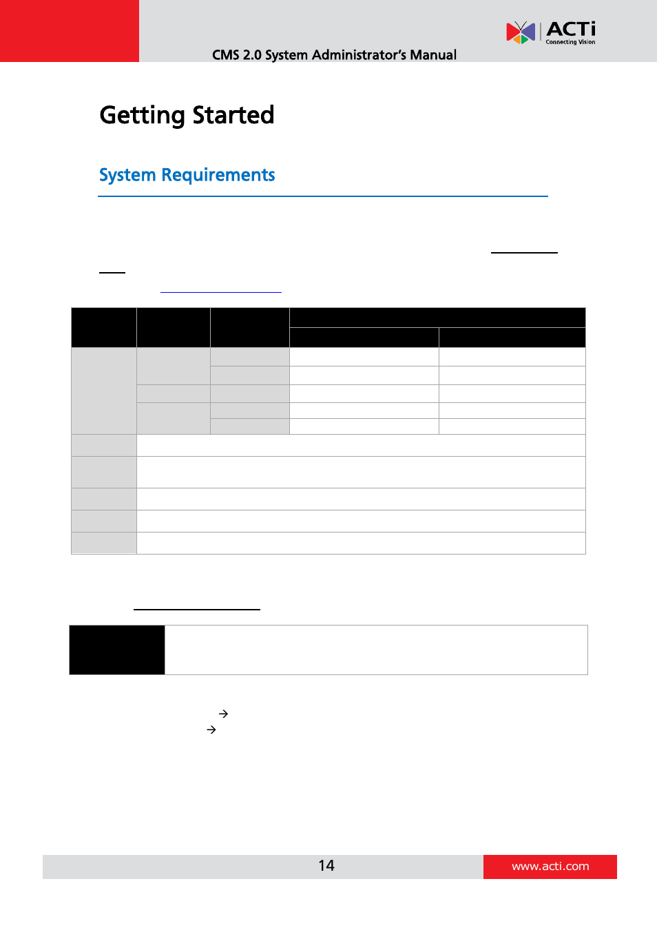 Getting started, System requirements, E 14 | ACTi CMS 2 User Manual | Page 14 / 85
