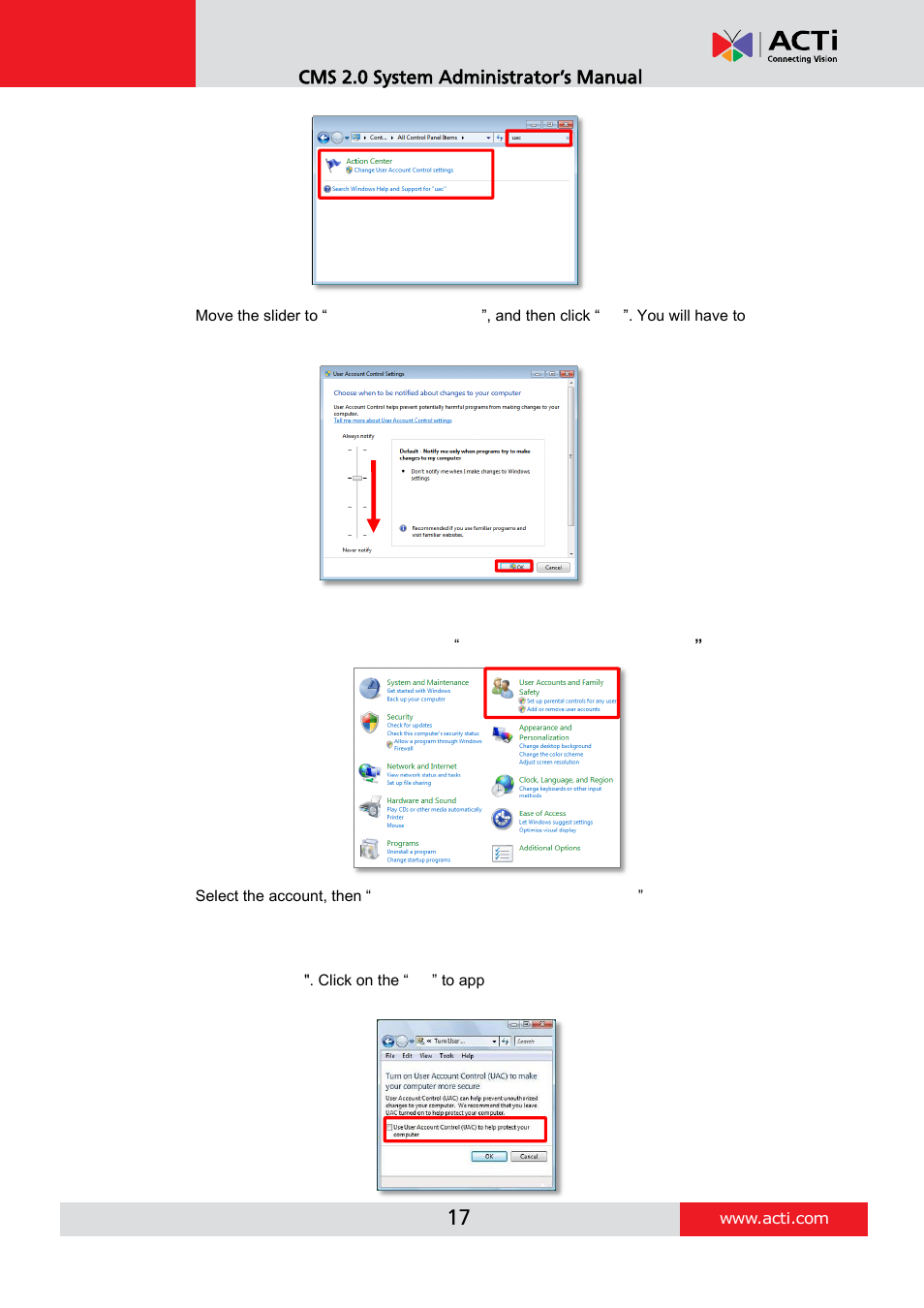 Disable uac in windows vista, Server installation | ACTi CMS 2 User Manual | Page 17 / 85