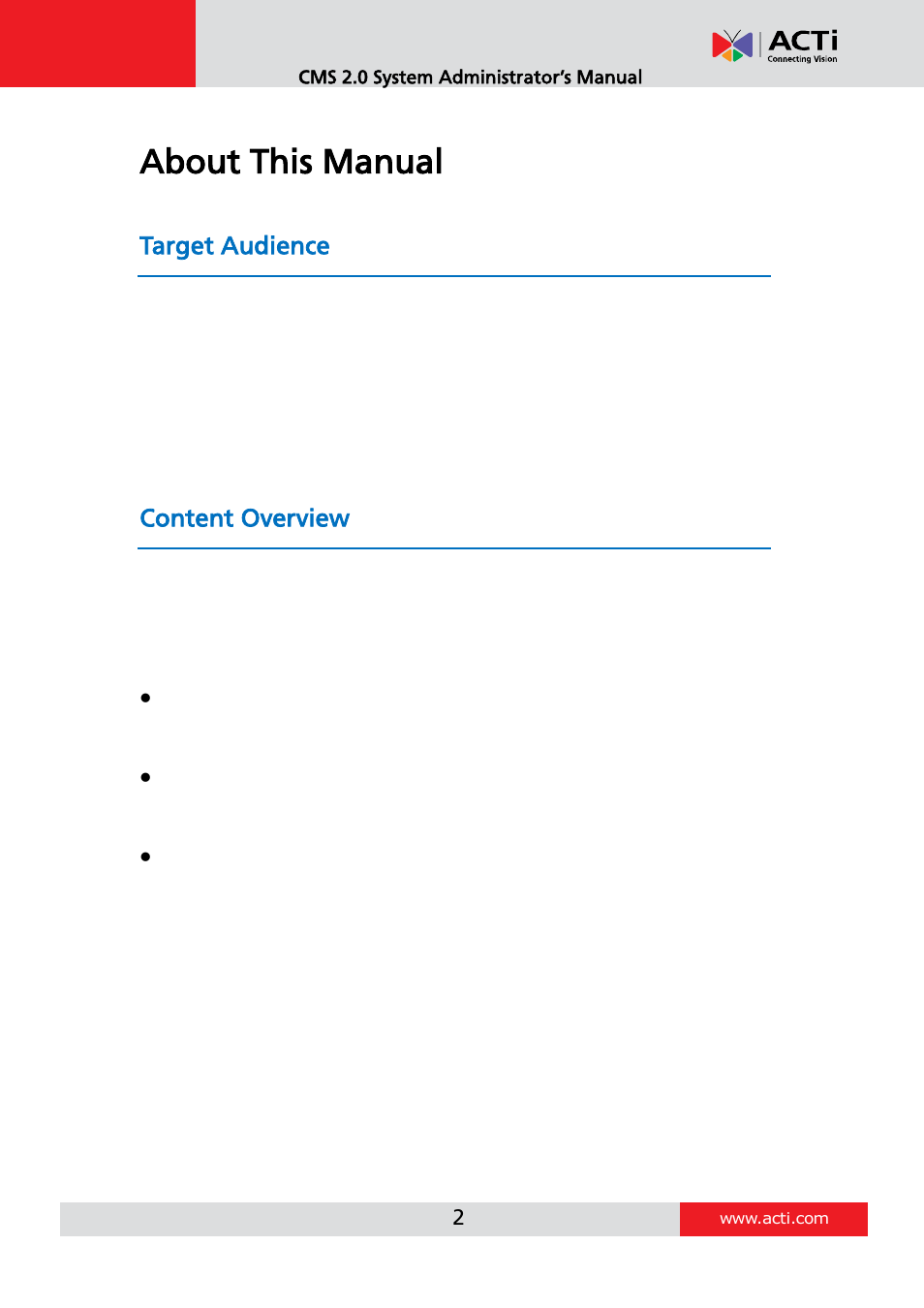 About this manual, Target audience, Content overview | ACTi CMS 2 User Manual | Page 2 / 85