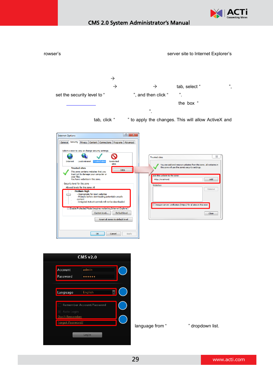 Login, A. enter account & password, B. change ui language | Ab d c | ACTi CMS 2 User Manual | Page 29 / 85