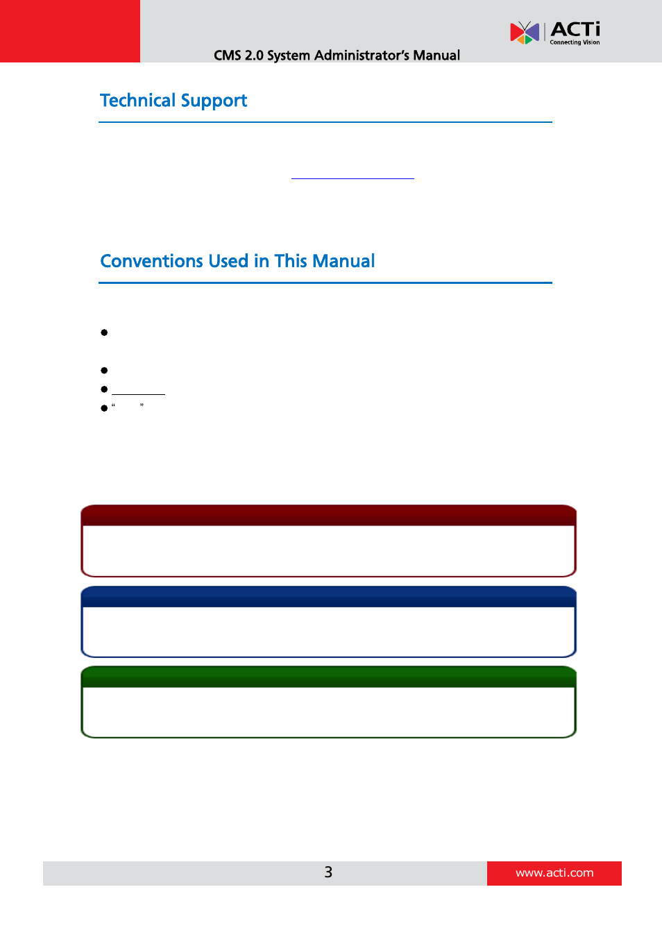 Technical support, Conventions used in this manual | ACTi CMS 2 User Manual | Page 3 / 85