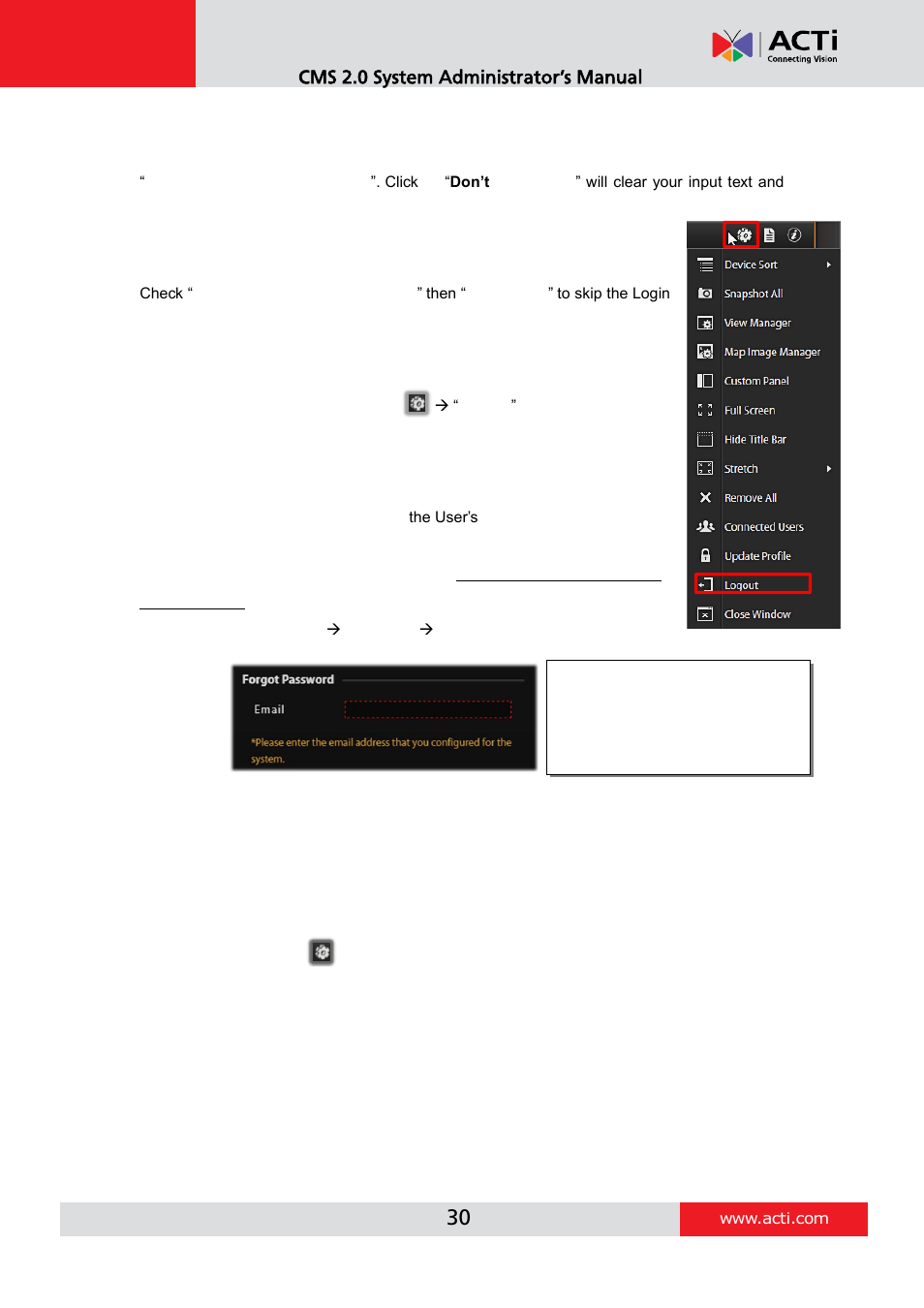C. remember account/password, D. retrieve the forgotten password | ACTi CMS 2 User Manual | Page 30 / 85