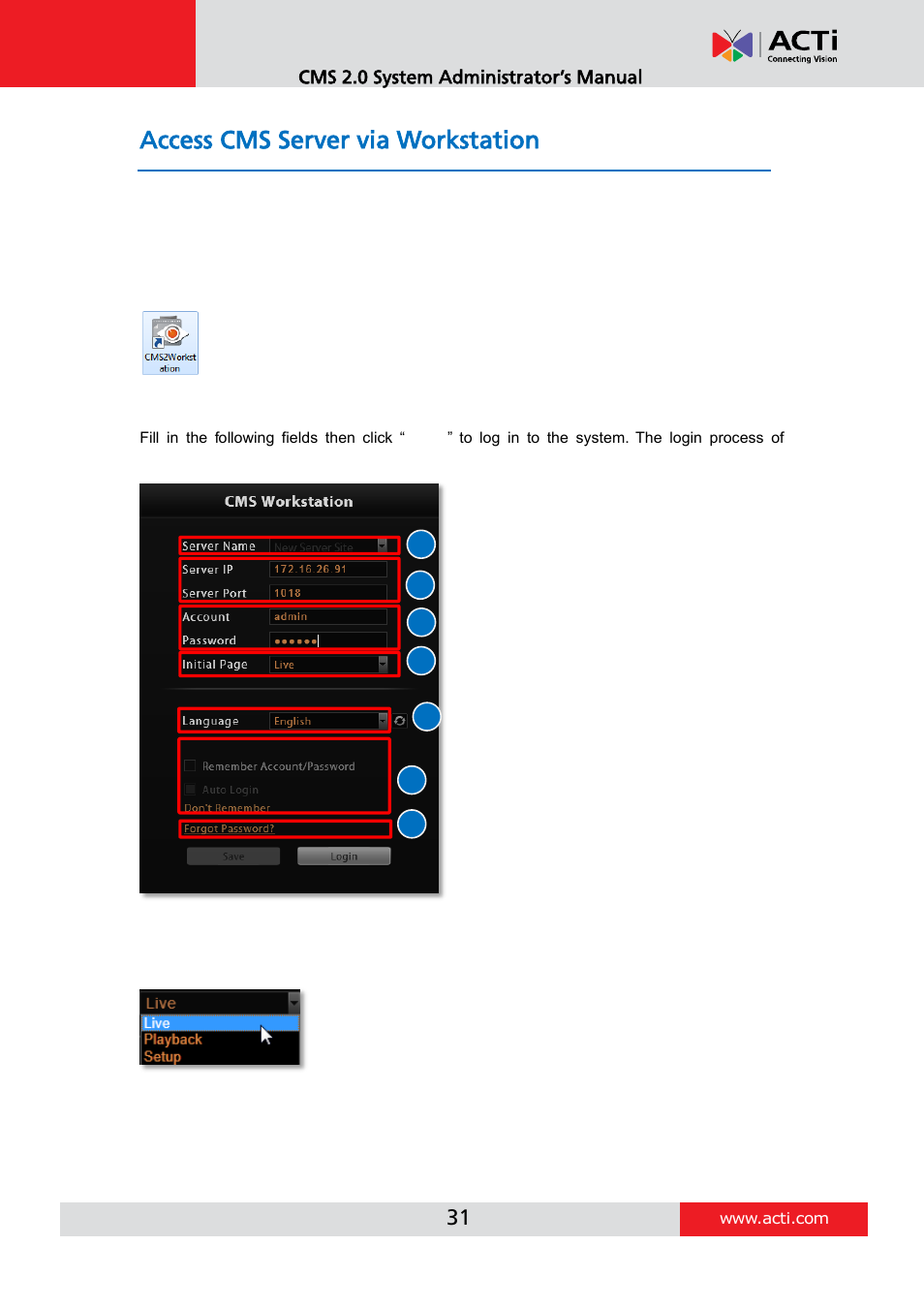 Access cms server via workstation, Login, A. server ip & server port | B. enter account & password, C. choose the initial screen, D. language | ACTi CMS 2 User Manual | Page 31 / 85