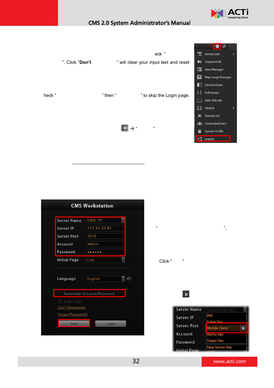 E. remember login information, F. retrieve the forgotten password, G. server name/server sites list | Cms 2.0 system administrator’s manual | ACTi CMS 2 User Manual | Page 32 / 85