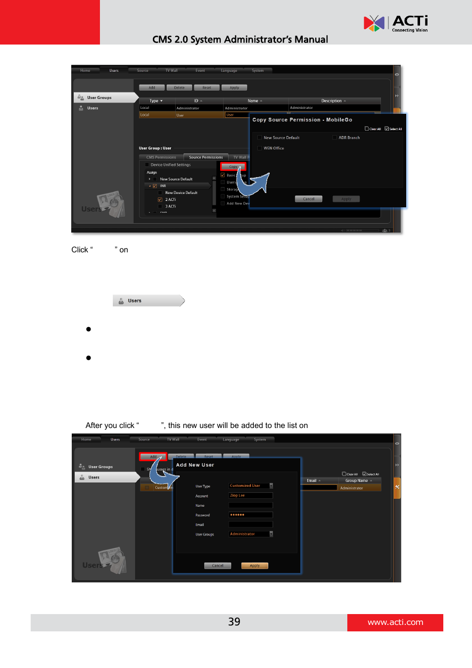Add users | ACTi CMS 2 User Manual | Page 39 / 85