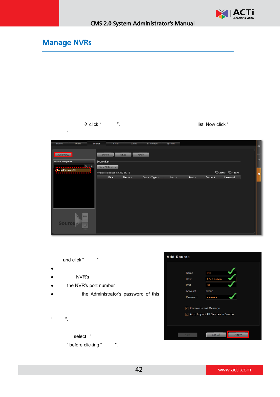 Manage nvrs, Add an nvr | ACTi CMS 2 User Manual | Page 42 / 85