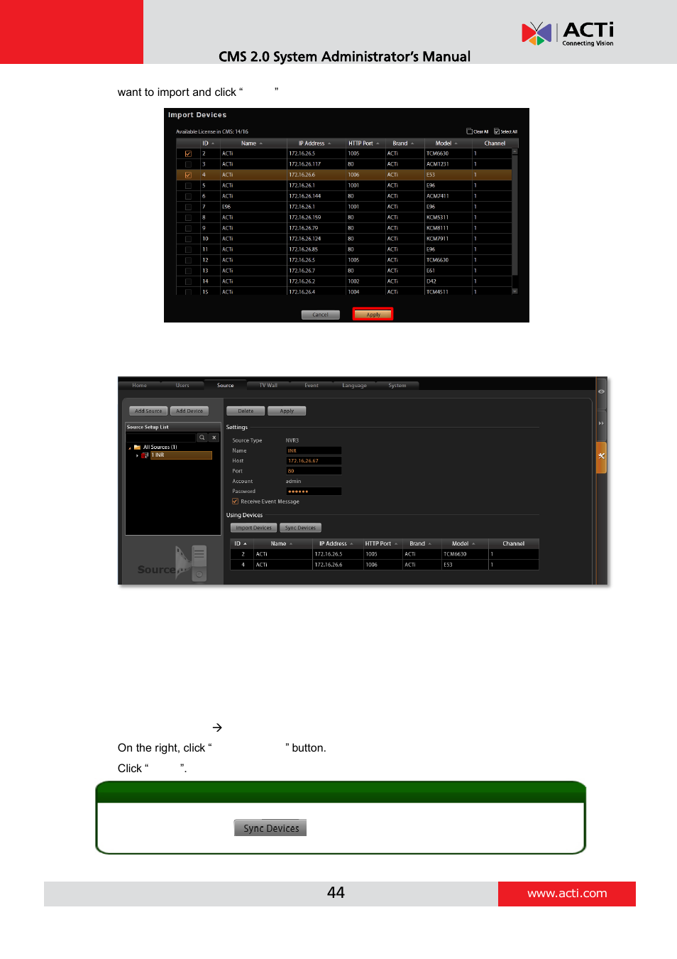 Synchronize device settings, Imported devices: 2 and 4 selected devices:2 and 4 | ACTi CMS 2 User Manual | Page 44 / 85