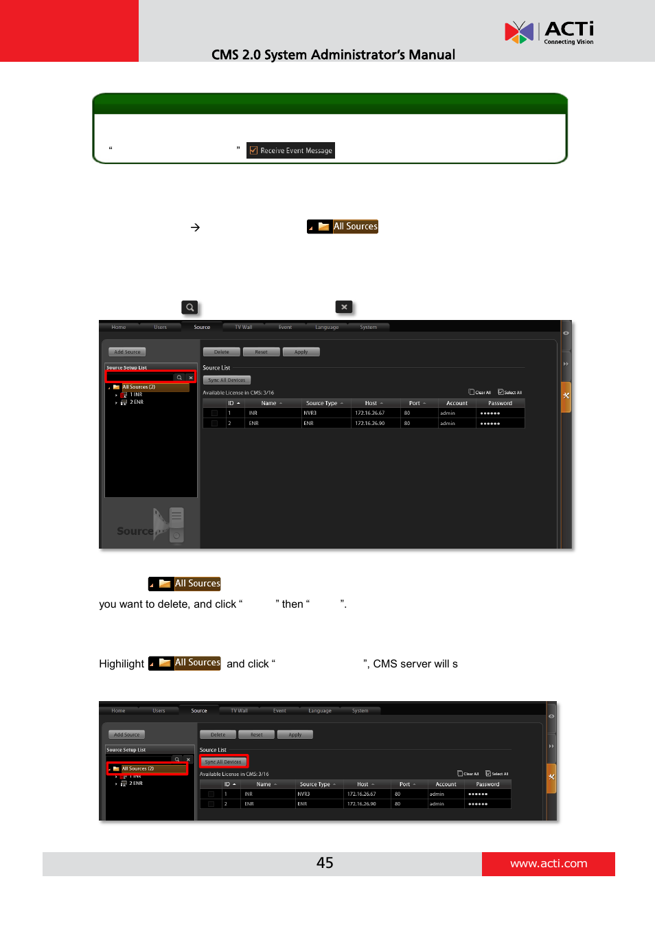 Manage multiple nvrs, Search an nvr, Delete nvrs | Synchroinze with all devices | ACTi CMS 2 User Manual | Page 45 / 85